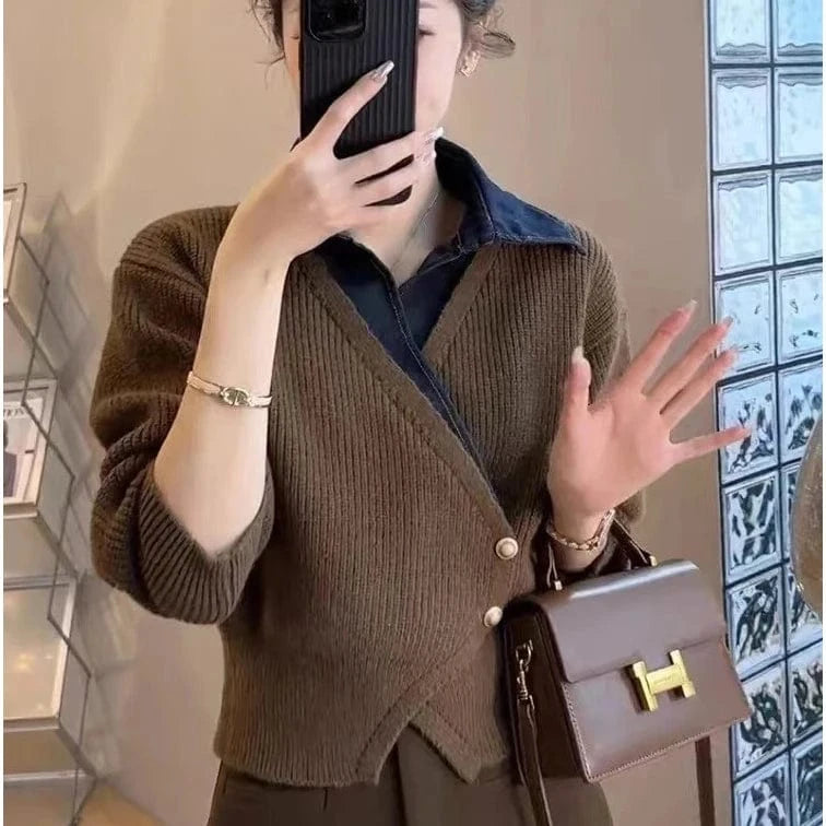 2024 Spring  lapel long sleeve cardigan denim patchwork knit fashionable women sweater coat