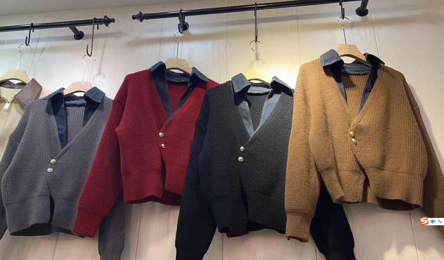 2024 Spring  lapel long sleeve cardigan denim patchwork knit fashionable women sweater coat