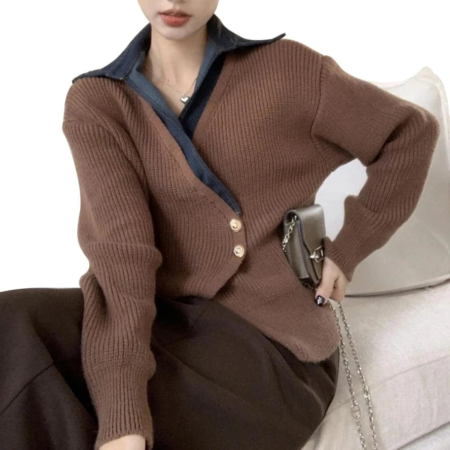 2024 Spring  lapel long sleeve cardigan denim patchwork knit fashionable women sweater coat