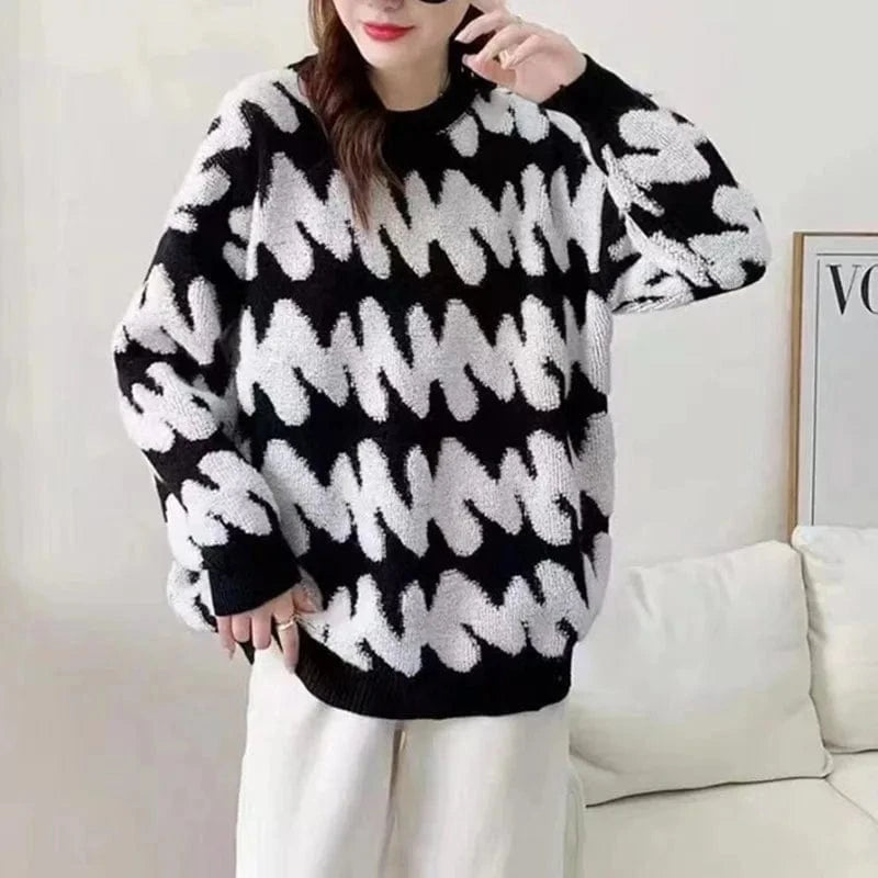 2024 Spring Long Sleeve O-neck Women Casual Sweater Top Fashion Color Collision Girl Streetwear Top