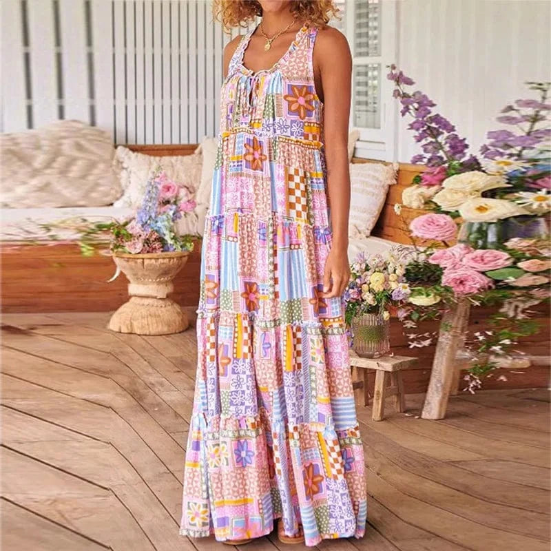 2024 Spring New Arrival Elegant Short Sleeve Print Round Collar Women Dress