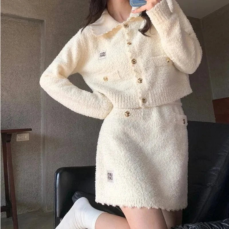 2024 spring new arrival fashion ladies sweet stand collar solid color knitted high quality sexy sweater cardigan two dress