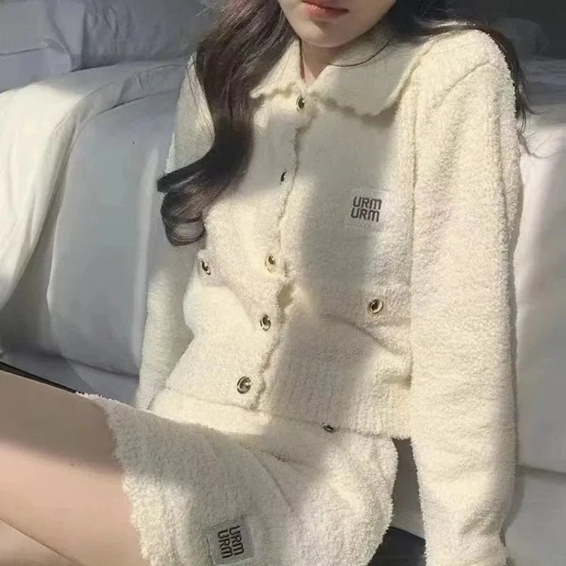 2024 spring new arrival fashion ladies sweet stand collar solid color knitted high quality sexy sweater cardigan two dress