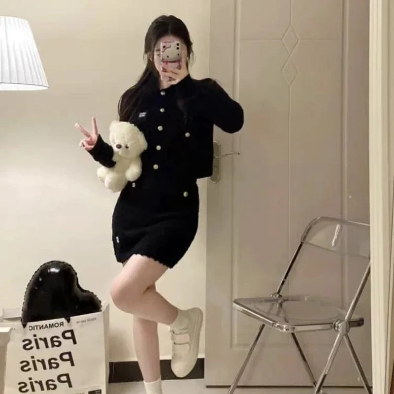 2024 spring new arrival fashion ladies sweet stand collar solid color knitted high quality sexy sweater cardigan two dress