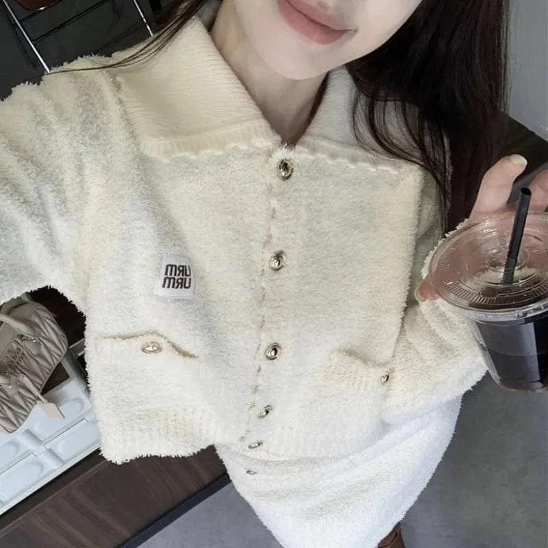 2024 spring new arrival fashion ladies sweet stand collar solid color knitted high quality sexy sweater cardigan two dress