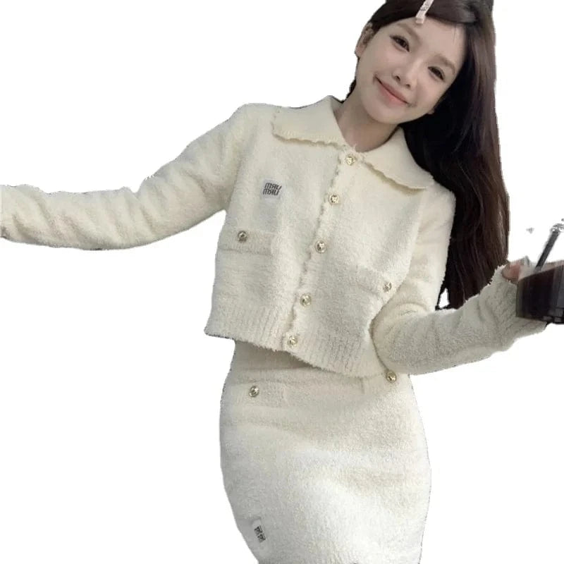 2024 spring new arrival fashion ladies sweet stand collar solid color knitted high quality sexy sweater cardigan two dress