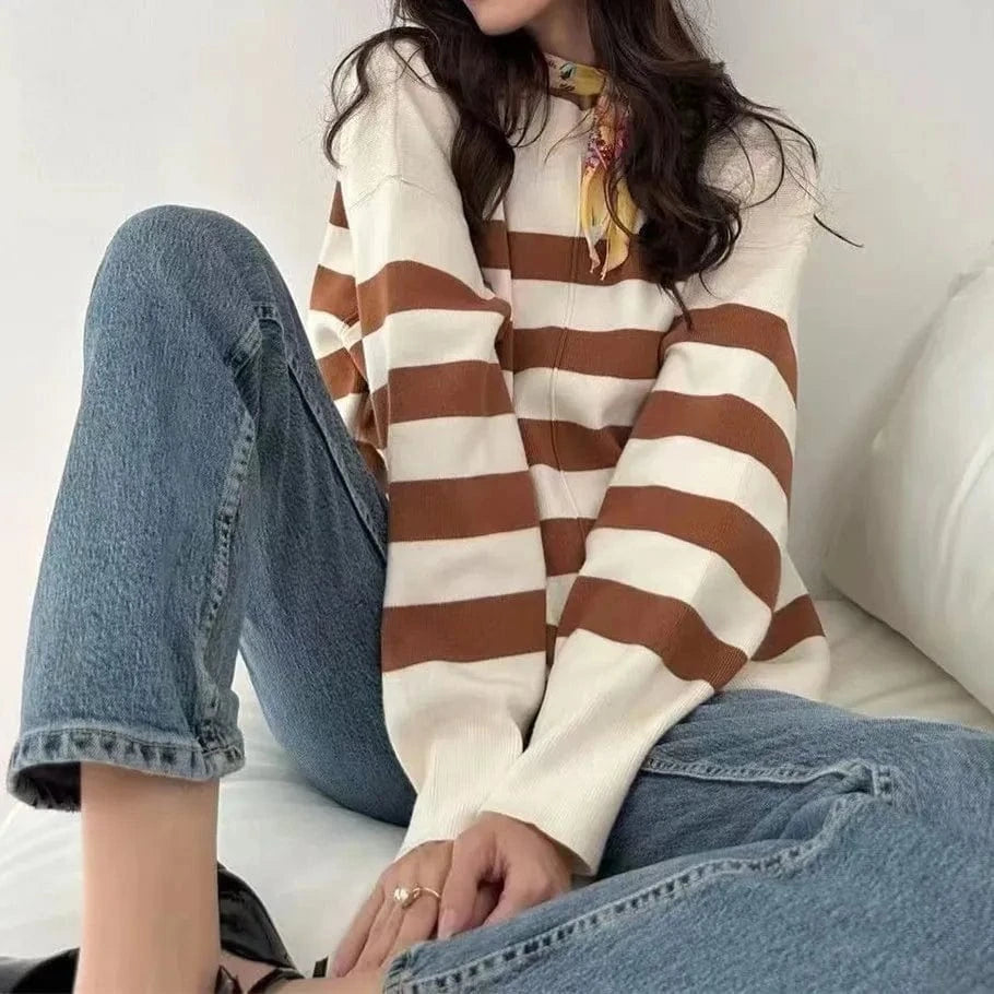 2024 spring new arrival fashion lady crew neck batwing sleeve oversized stripe women sweater