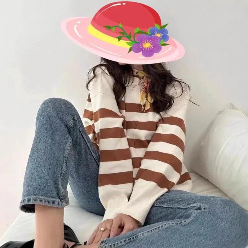 2024 spring new arrival fashion lady crew neck batwing sleeve oversized stripe women sweater