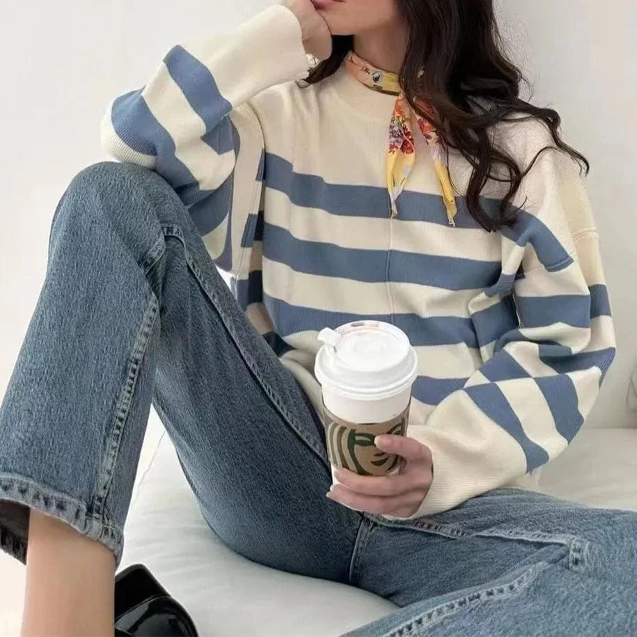 2024 spring new arrival fashion lady crew neck batwing sleeve oversized stripe women sweater