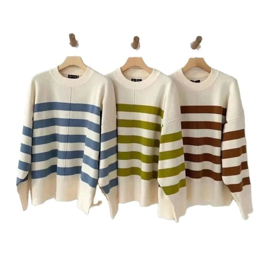 2024 spring new arrival fashion lady crew neck batwing sleeve oversized stripe women sweater