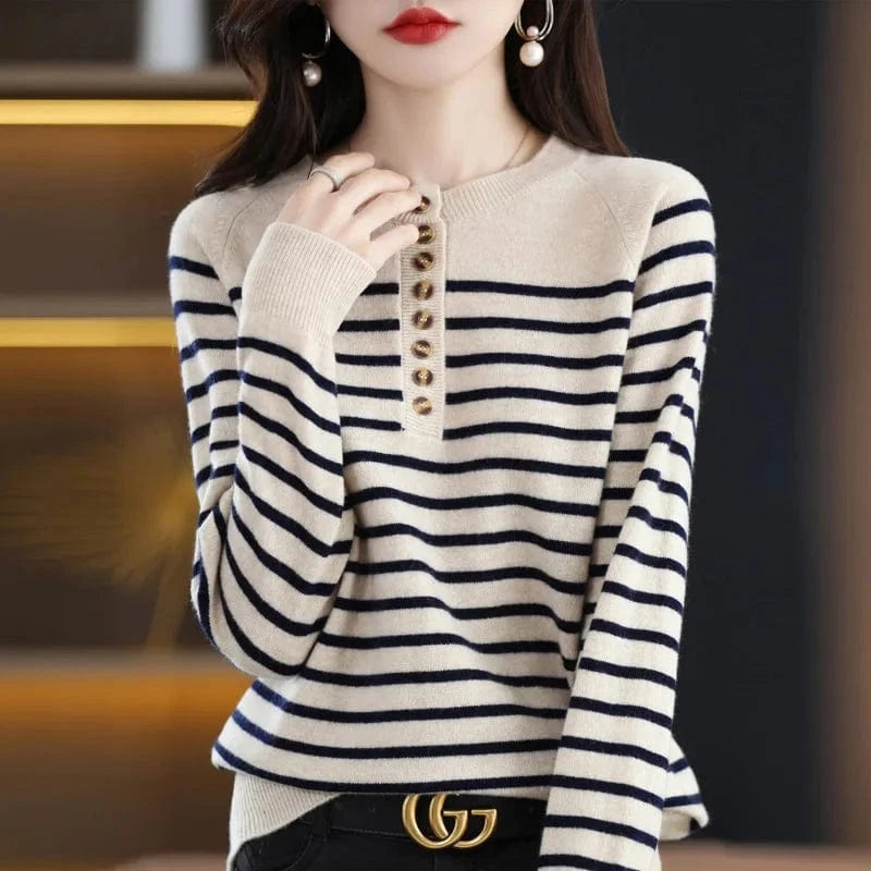 2024 spring new arrival fashion lady crew neck long sleeve free size stripe button decorative women sweater