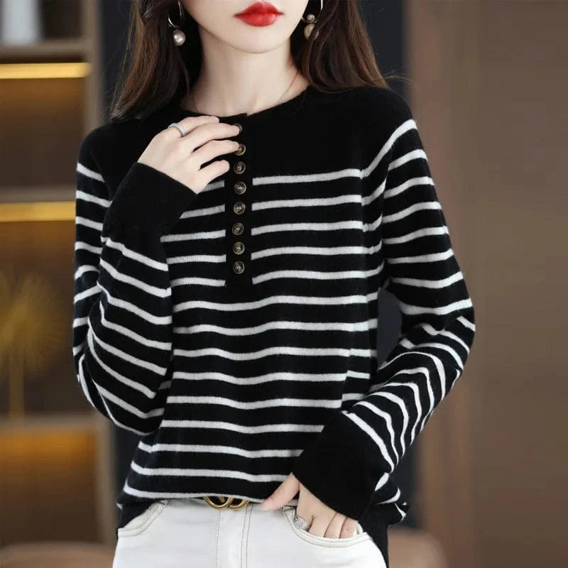2024 spring new arrival fashion lady crew neck long sleeve free size stripe button decorative women sweater