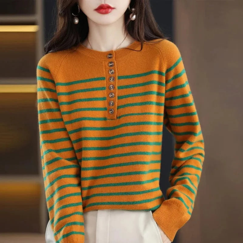 2024 spring new arrival fashion lady crew neck long sleeve free size stripe button decorative women sweater