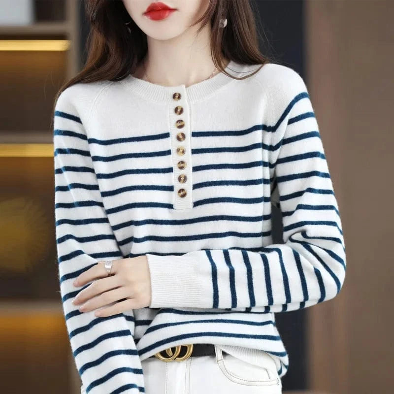 2024 spring new arrival fashion lady crew neck long sleeve free size stripe button decorative women sweater
