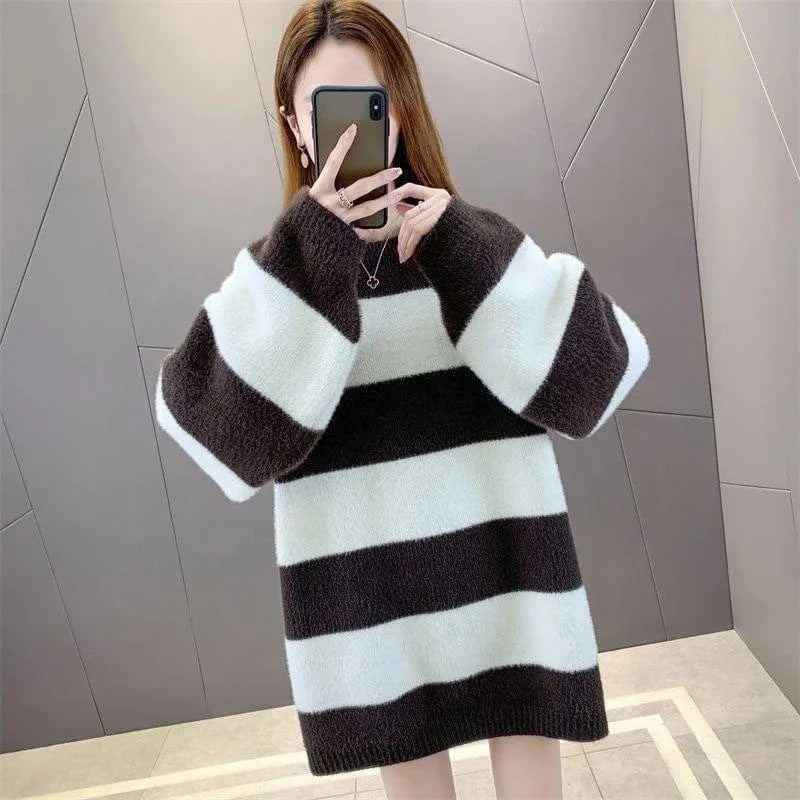 2024 Spring new arrival fashion lady crew neck long sleeve loose fit stripe mohair long sweaters