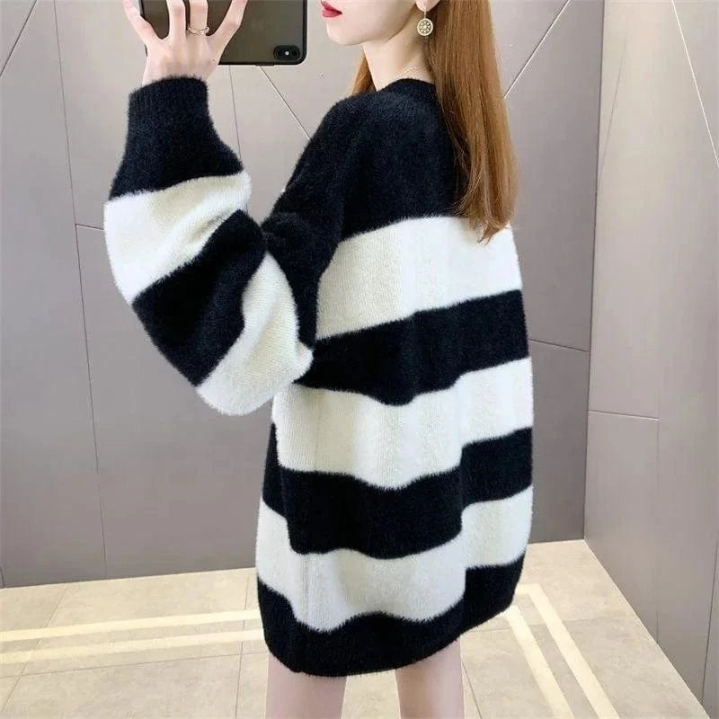 2024 Spring new arrival fashion lady crew neck long sleeve loose fit stripe mohair long sweaters