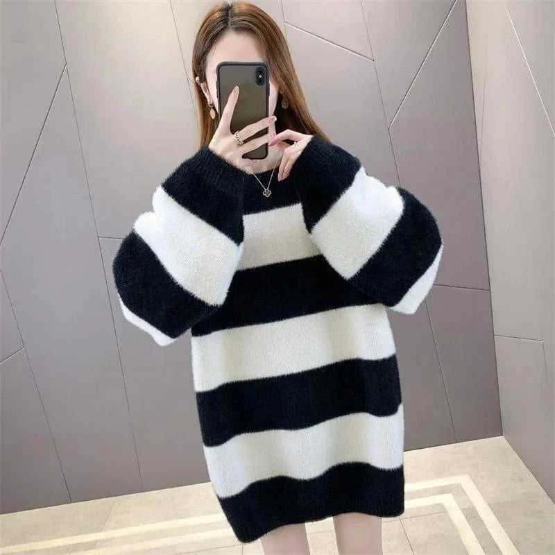 2024 Spring new arrival fashion lady crew neck long sleeve loose fit stripe mohair long sweaters