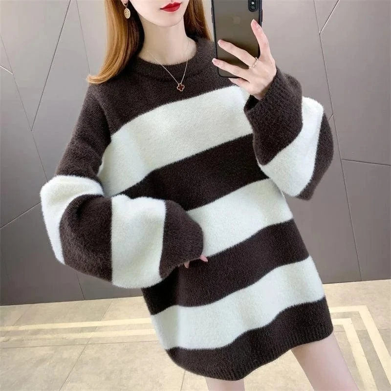 2024 Spring new arrival fashion lady crew neck long sleeve loose fit stripe mohair long sweaters