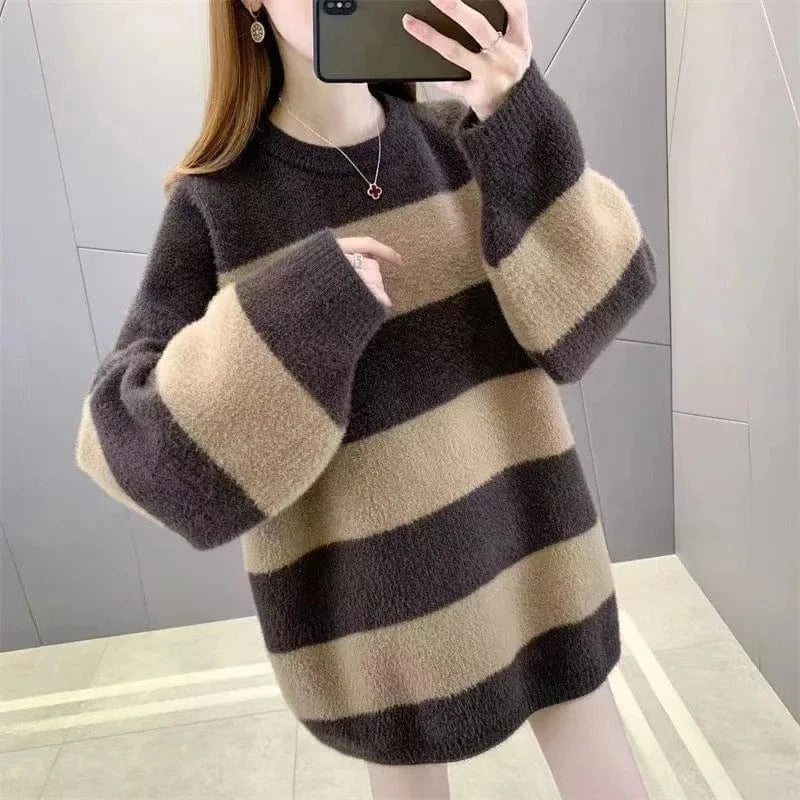 2024 Spring new arrival fashion lady crew neck long sleeve loose fit stripe mohair long sweaters