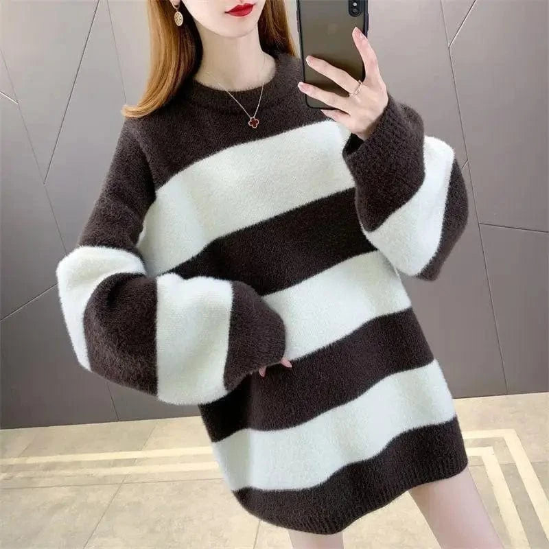 2024 Spring new arrival fashion lady crew neck long sleeve loose fit stripe mohair long sweaters