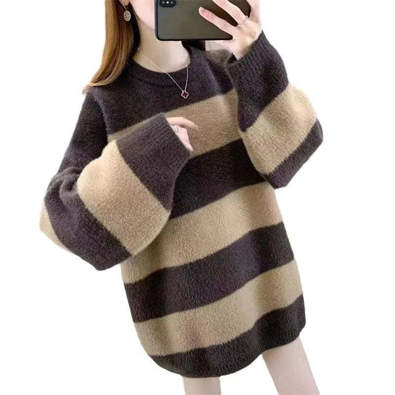 2024 Spring new arrival fashion lady crew neck long sleeve loose fit stripe mohair long sweaters