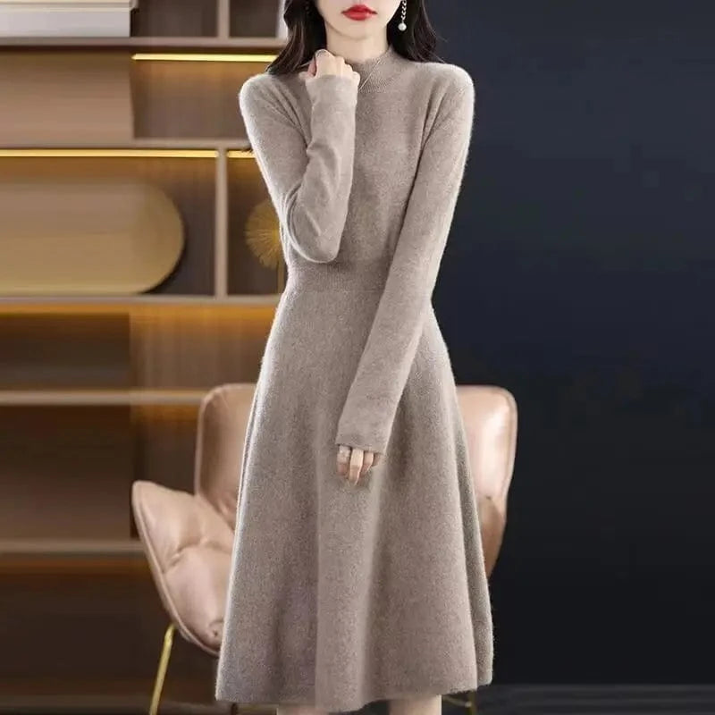 2024 Spring new arrival fashion lady middle high neck long sleeve slim fit high waist loose hip women sweater dress