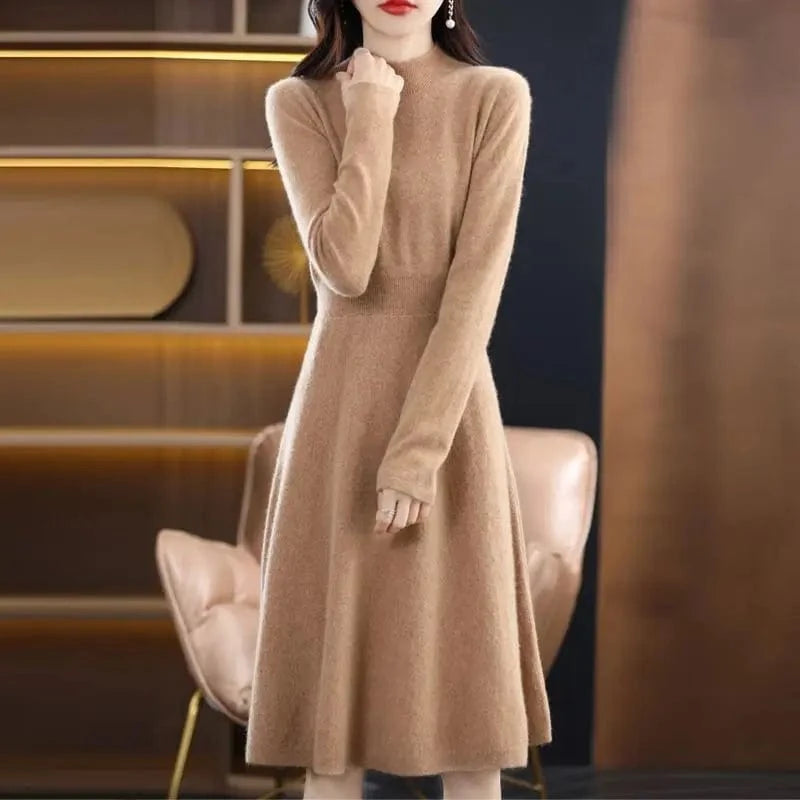 2024 Spring new arrival fashion lady middle high neck long sleeve slim fit high waist loose hip women sweater dress