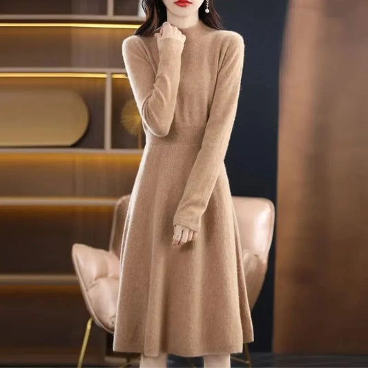 2024 Spring new arrival fashion lady middle high neck long sleeve slim fit high waist loose hip women sweater dress