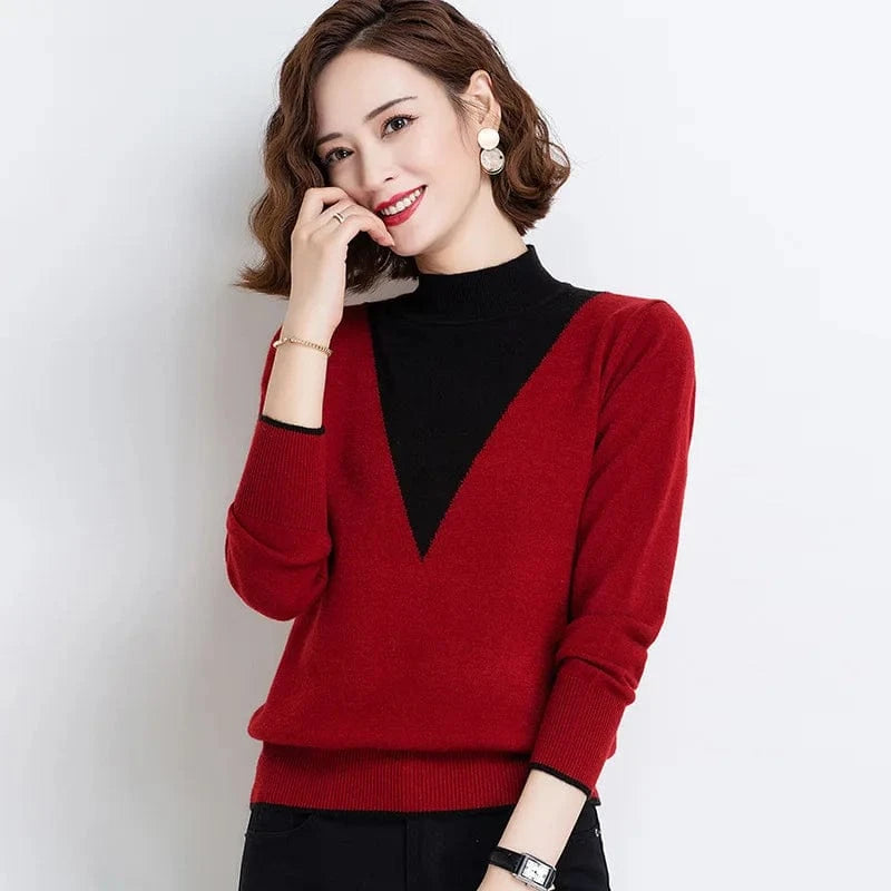 2024 spring new arrival fashion lady middle high neck long sleeve slim fit patchwork  women sweater