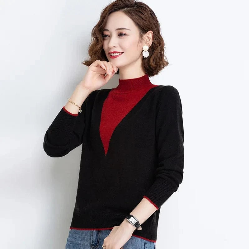 2024 spring new arrival fashion lady middle high neck long sleeve slim fit patchwork  women sweater