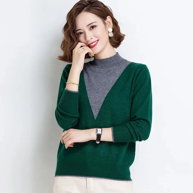 2024 spring new arrival fashion lady middle high neck long sleeve slim fit patchwork  women sweater