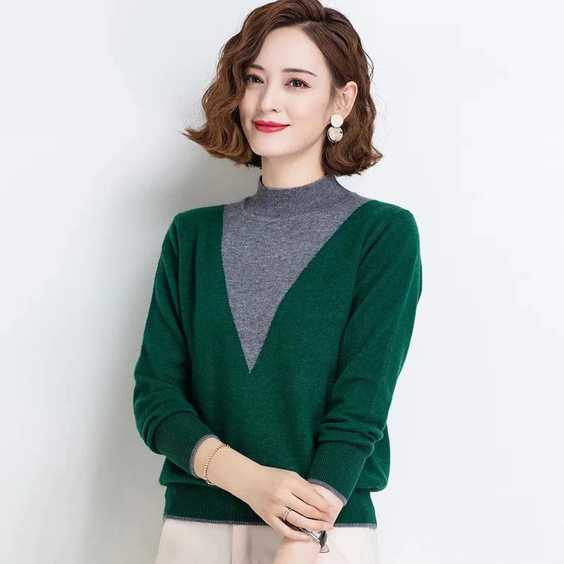 2024 spring new arrival fashion lady middle high neck long sleeve slim fit patchwork  women sweater