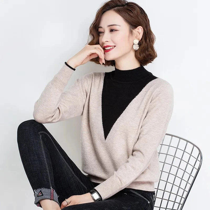 2024 spring new arrival fashion lady middle high neck long sleeve slim fit patchwork  women sweater