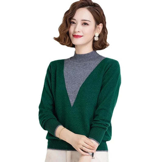 2024 spring new arrival fashion lady middle high neck long sleeve slim fit patchwork  women sweater