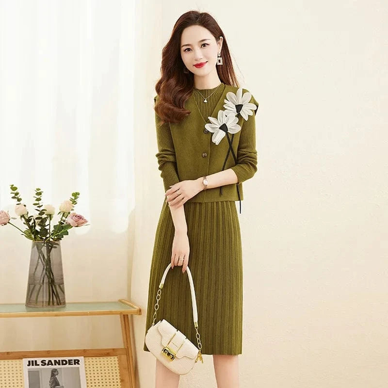 2024 Spring new arrival fashion lady mock collar long sleeve collect waist loose hip long dress and vest coat sweater twin set