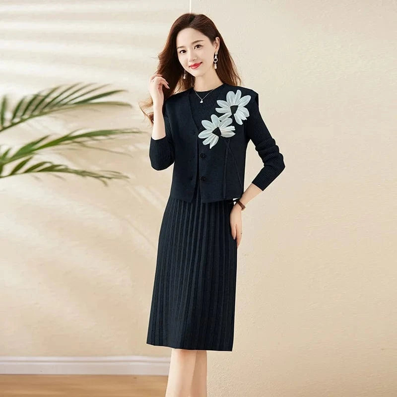 2024 Spring new arrival fashion lady mock collar long sleeve collect waist loose hip long dress and vest coat sweater twin set
