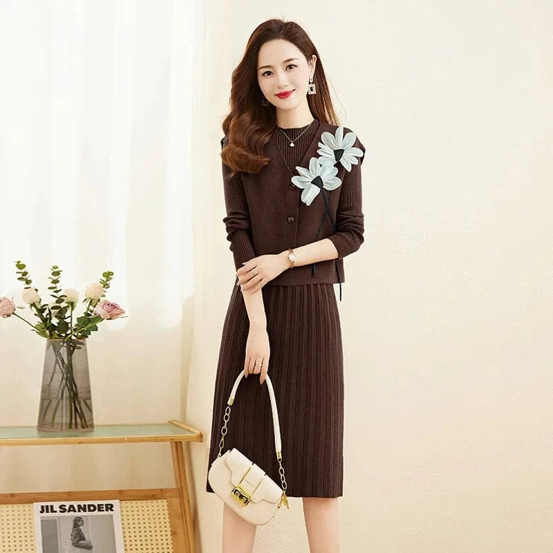 2024 Spring new arrival fashion lady mock collar long sleeve collect waist loose hip long dress and vest coat sweater twin set