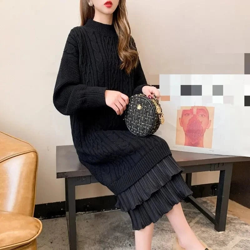 2024 spring new arrival fashion lady mock collar long sleeve lace oversized pink sweater dress