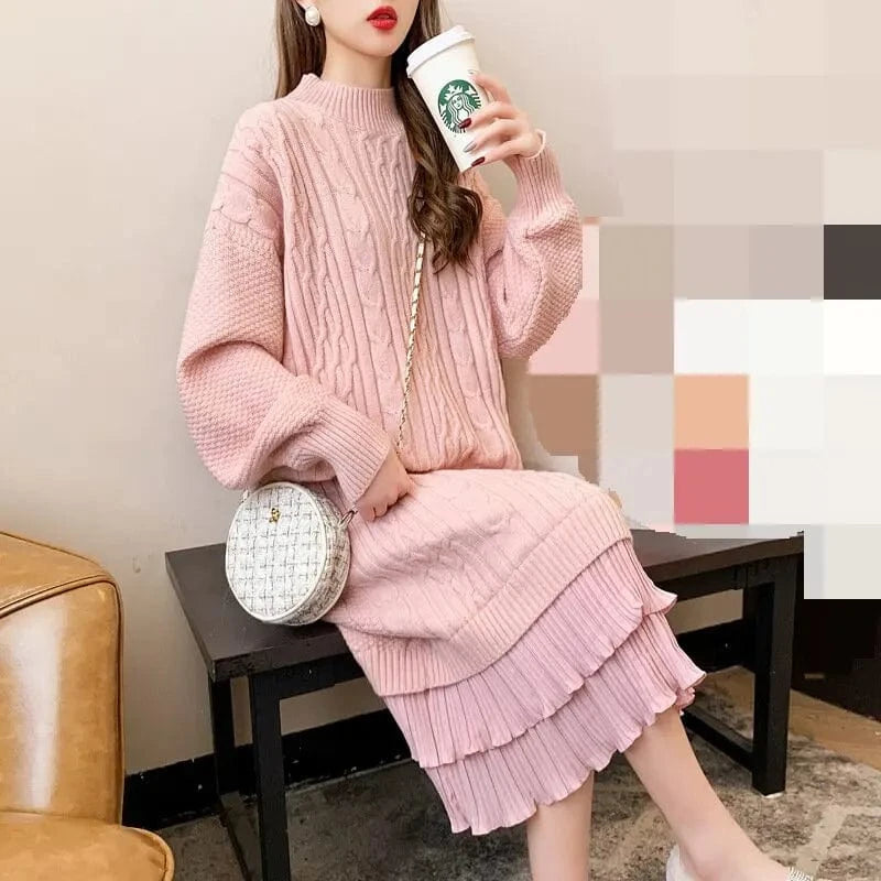 2024 spring new arrival fashion lady mock collar long sleeve lace oversized pink sweater dress