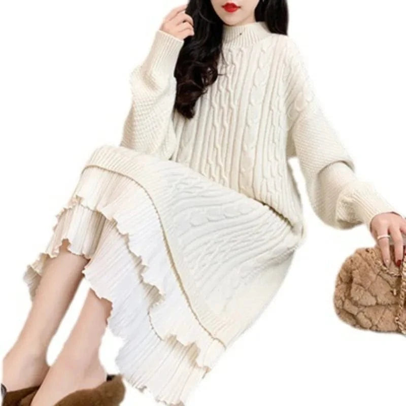 2024 spring new arrival fashion lady mock collar long sleeve lace oversized pink sweater dress