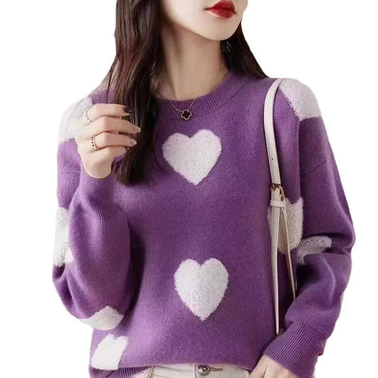 2024 spring new arrival fashion lady round neck long sleeve plus size heart shape print women pullover sweater