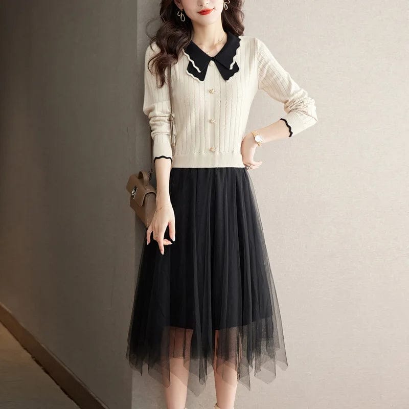 2024 spring new arrival fashion lady V-neck butterfly collar  long sleeve  Knitted patchwork mesh sweater dress
