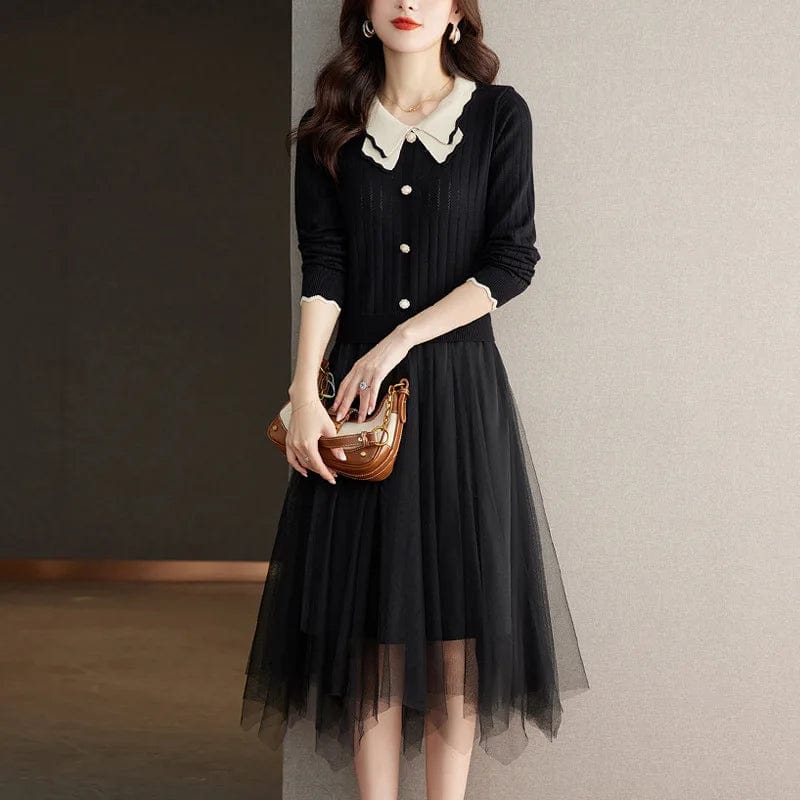 2024 spring new arrival fashion lady V-neck butterfly collar  long sleeve  Knitted patchwork mesh sweater dress