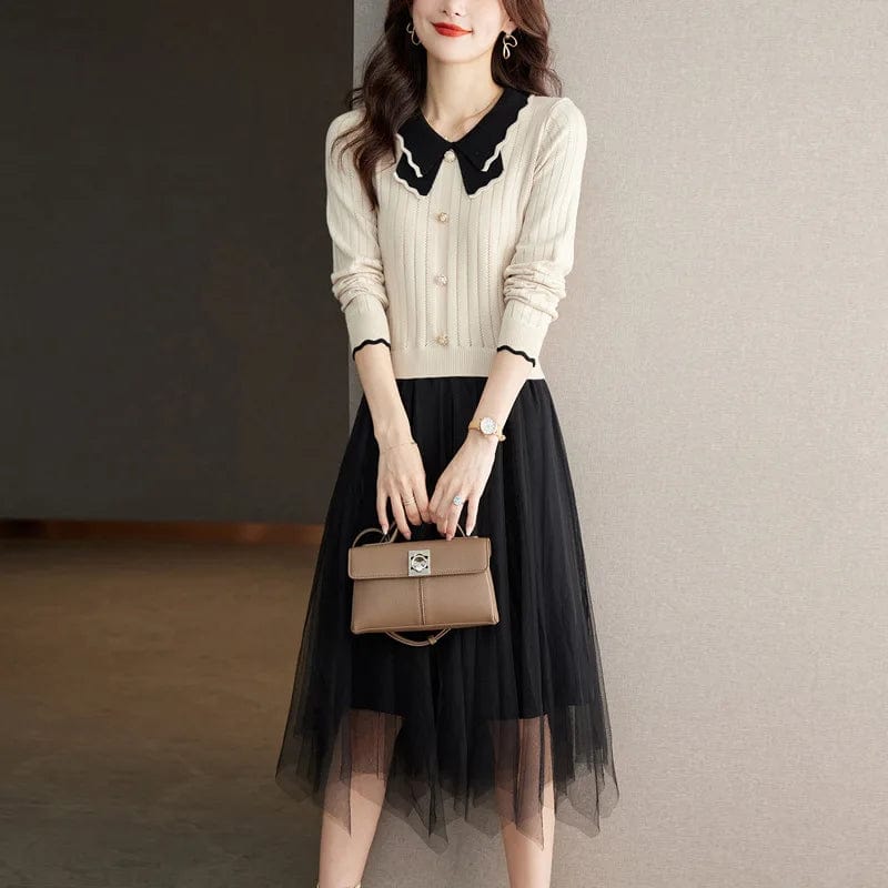 2024 spring new arrival fashion lady V-neck butterfly collar  long sleeve  Knitted patchwork mesh sweater dress