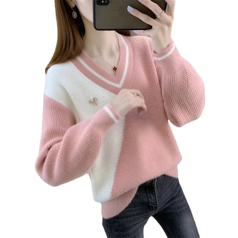 2024 spring new arrival fashion women's boutique high-quality V-neck loose long-sleeved color matching sweater