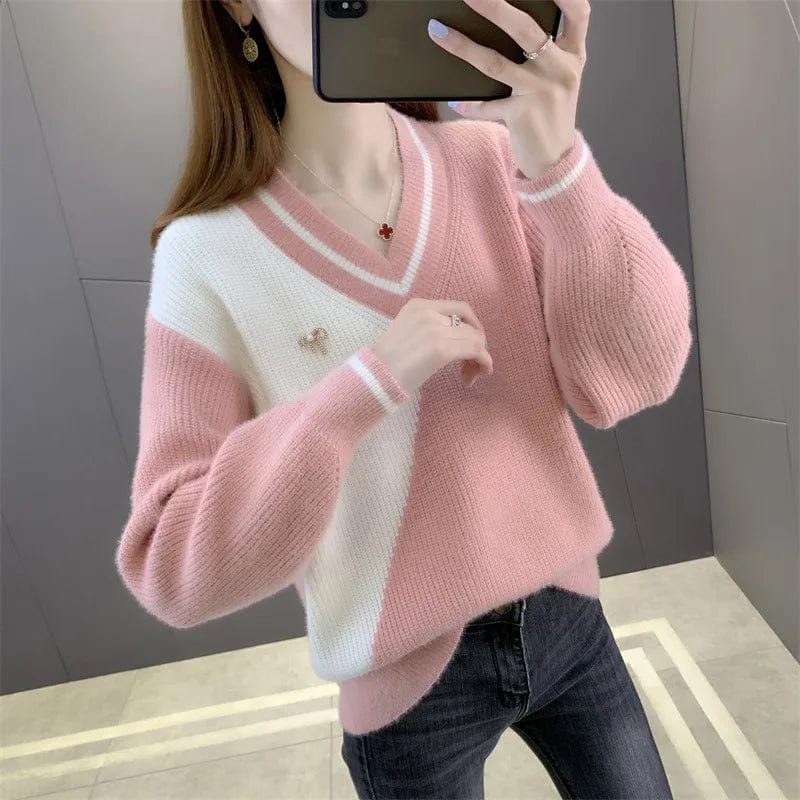 2024 spring new arrival fashion women's boutique high-quality V-neck loose long-sleeved color matching sweater