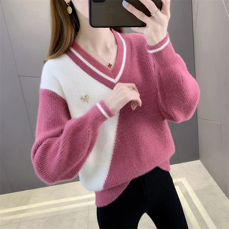 2024 spring new arrival fashion women's boutique high-quality V-neck loose long-sleeved color matching sweater