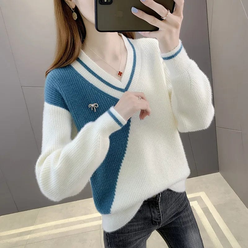 2024 spring new arrival fashion women's boutique high-quality V-neck loose long-sleeved color matching sweater