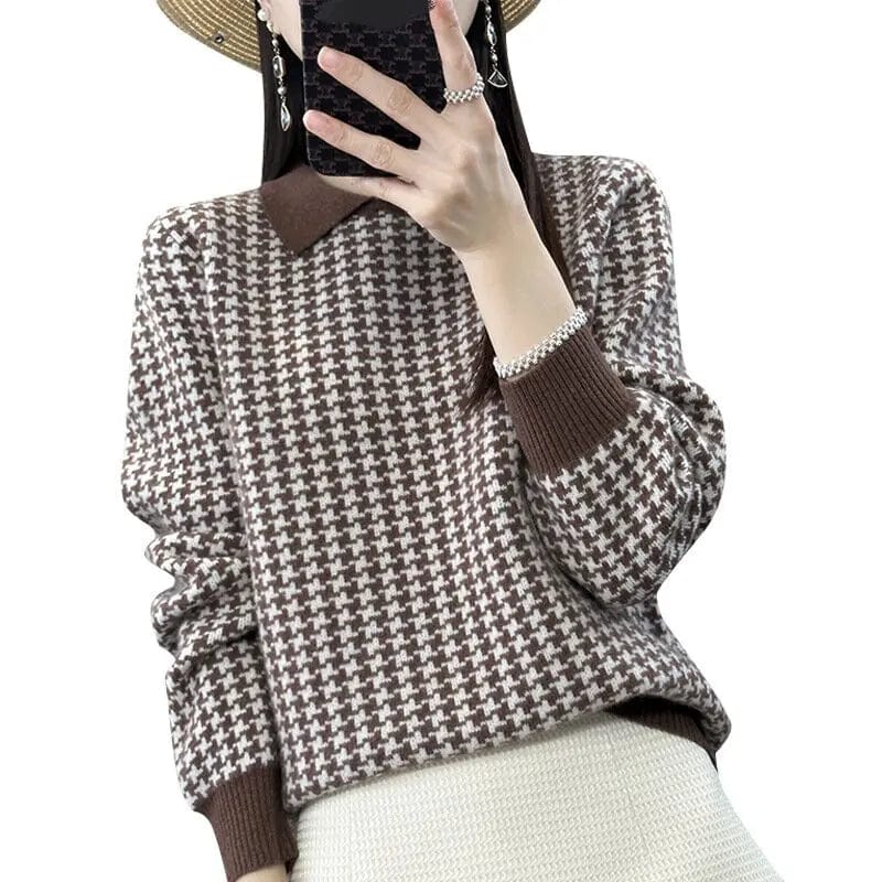 2024 Spring new arrival fashion women's lapel long sleeve loose plaid jacquard high-quality best-selling pullover sweater