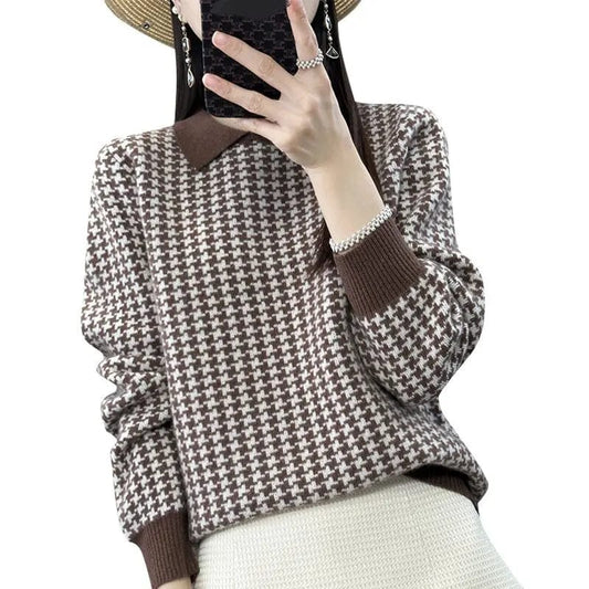 2024 Spring new arrival fashion women's lapel long sleeve loose plaid jacquard high-quality best-selling pullover sweater